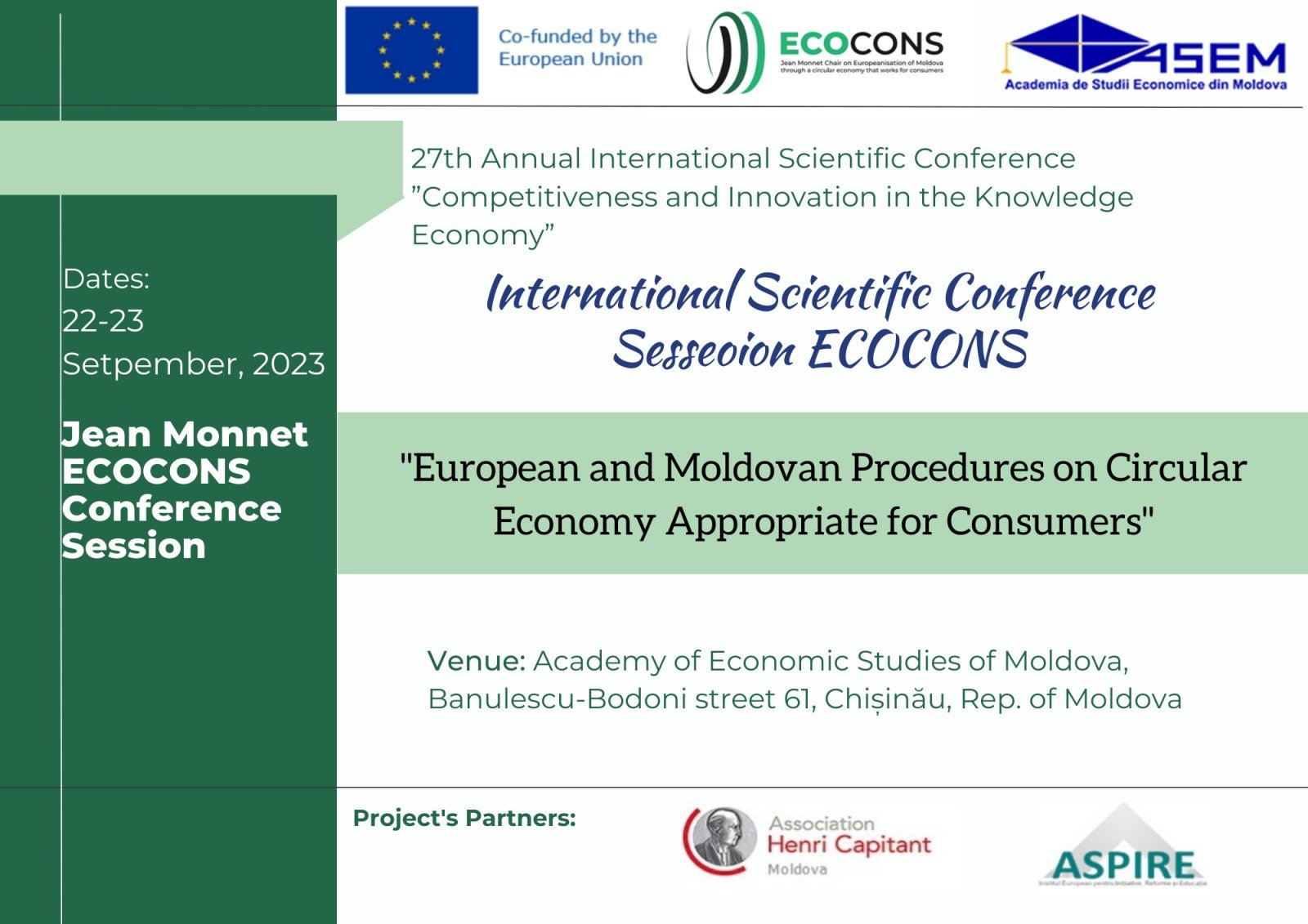 Registration call – INTERNATIONAL CONFERENCE – JEAN MONNET ECOCONS SESSION „EUROPEAN AND MOLDOVAN PROCEDURES ON CIRCULAR ECONOMY THAT WORKS FOR CONSUMERS” SEPTEMBER 22-23, 2023